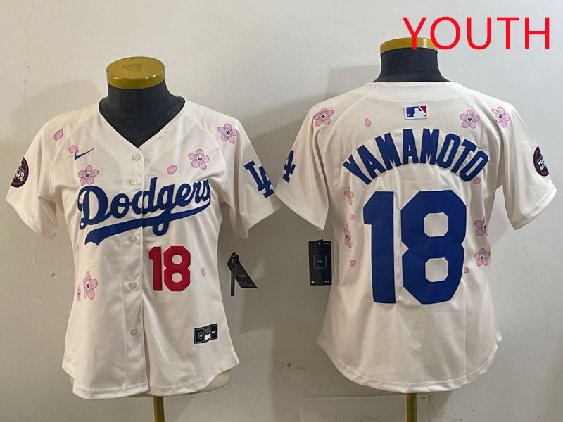 Youth Los Angeles Dodgers #18 Yamamoto Cream Sakura Edition 2025 Nike MLB Jersey style 15